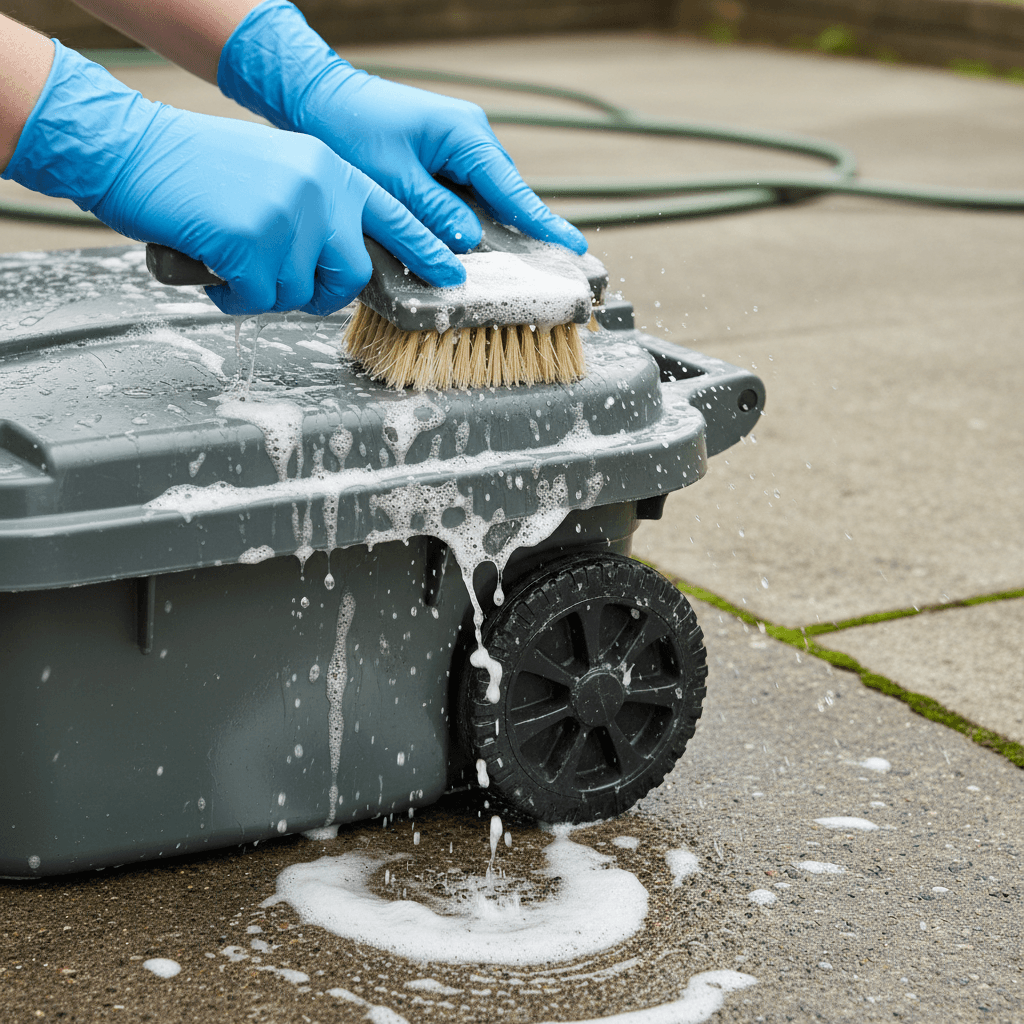 Close-up of lid and wheels being scrubbed clean