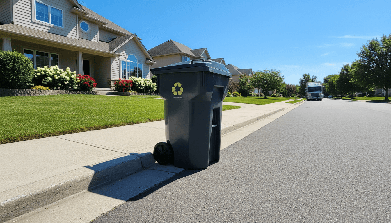 clean trash bin on suburban curb after garbage pickup, bright daylight