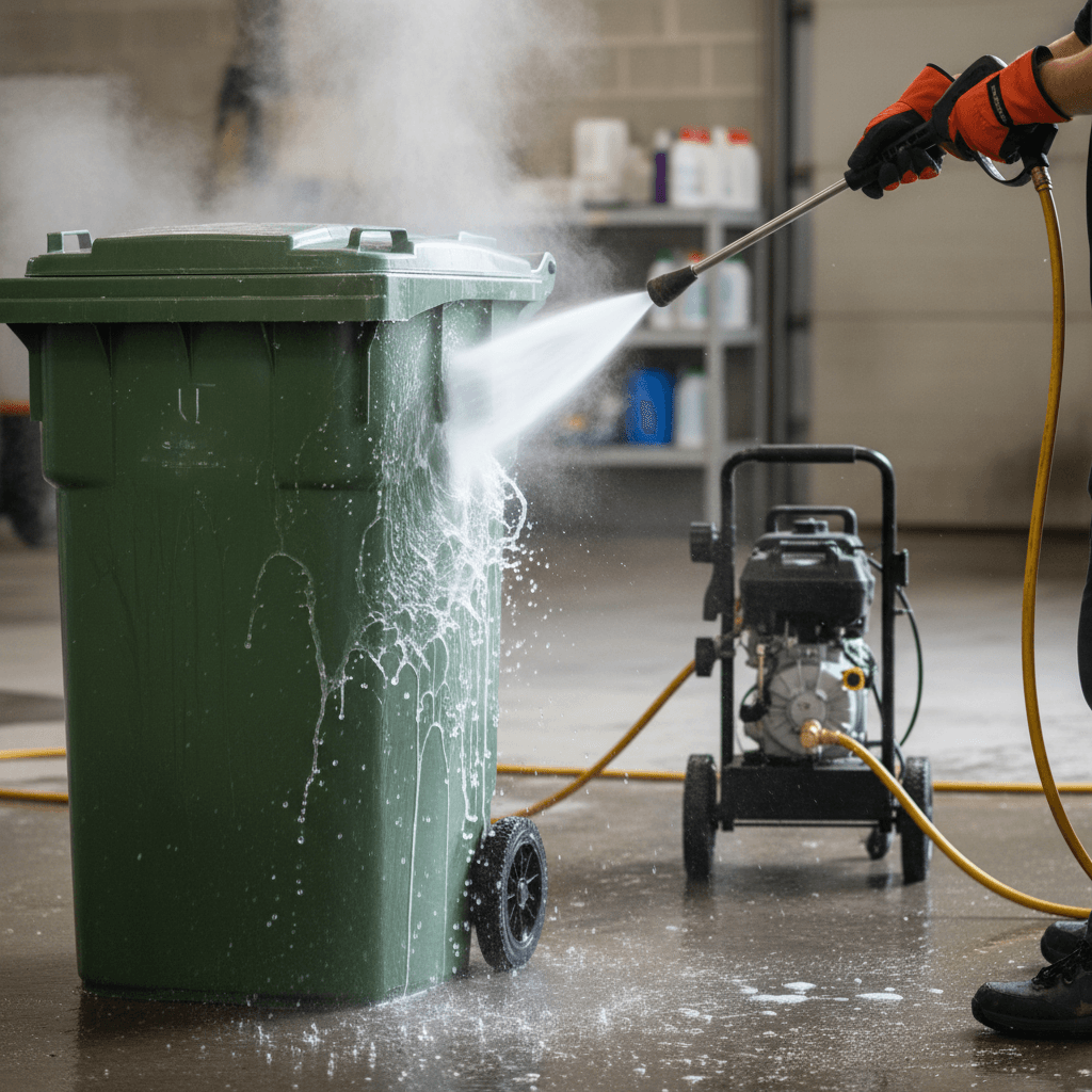 Worker cleaning the inside of a bin with hot water