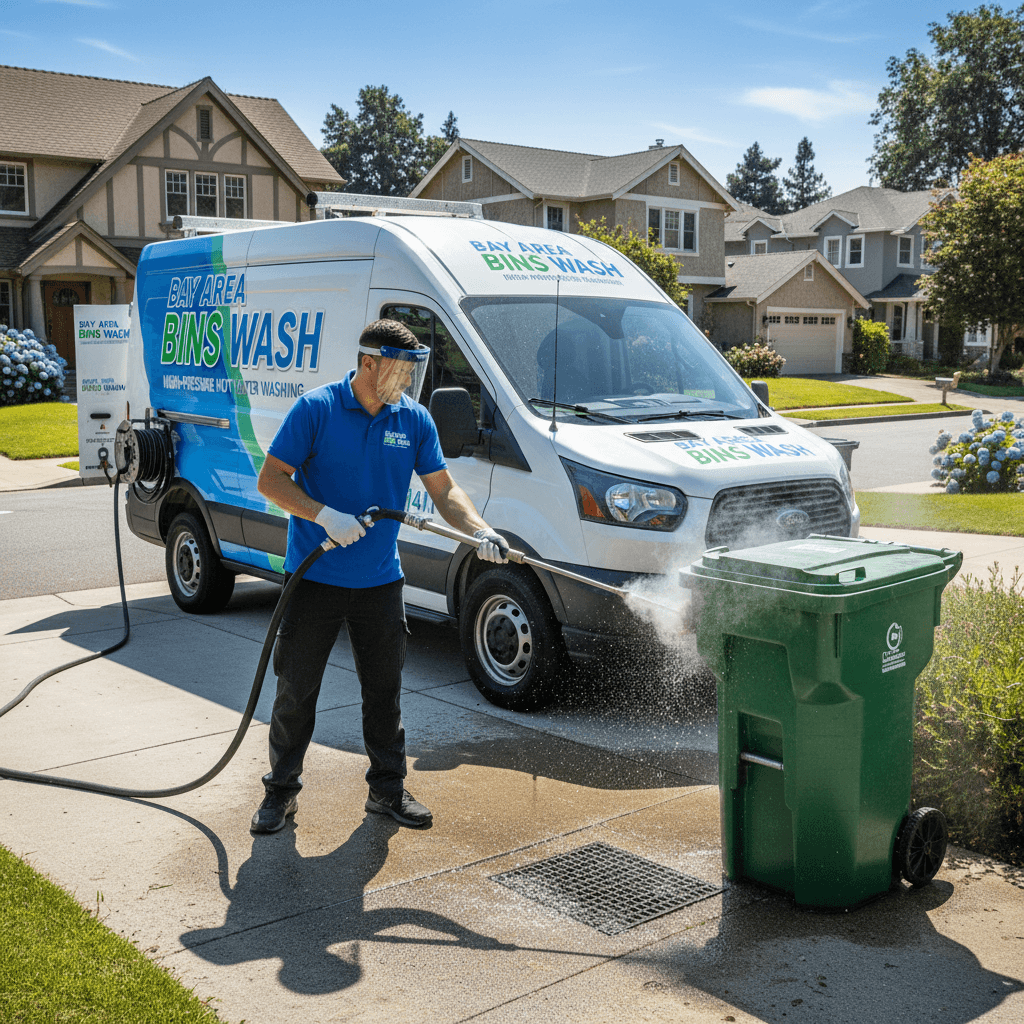 Hot water pressure washing a trash bin in a driveway
