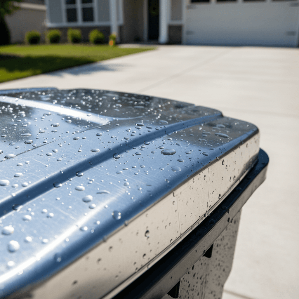 Shiny, freshly cleaned residential trash bin lid with water droplets reflecting bright sunlight, showing professional sanitation results