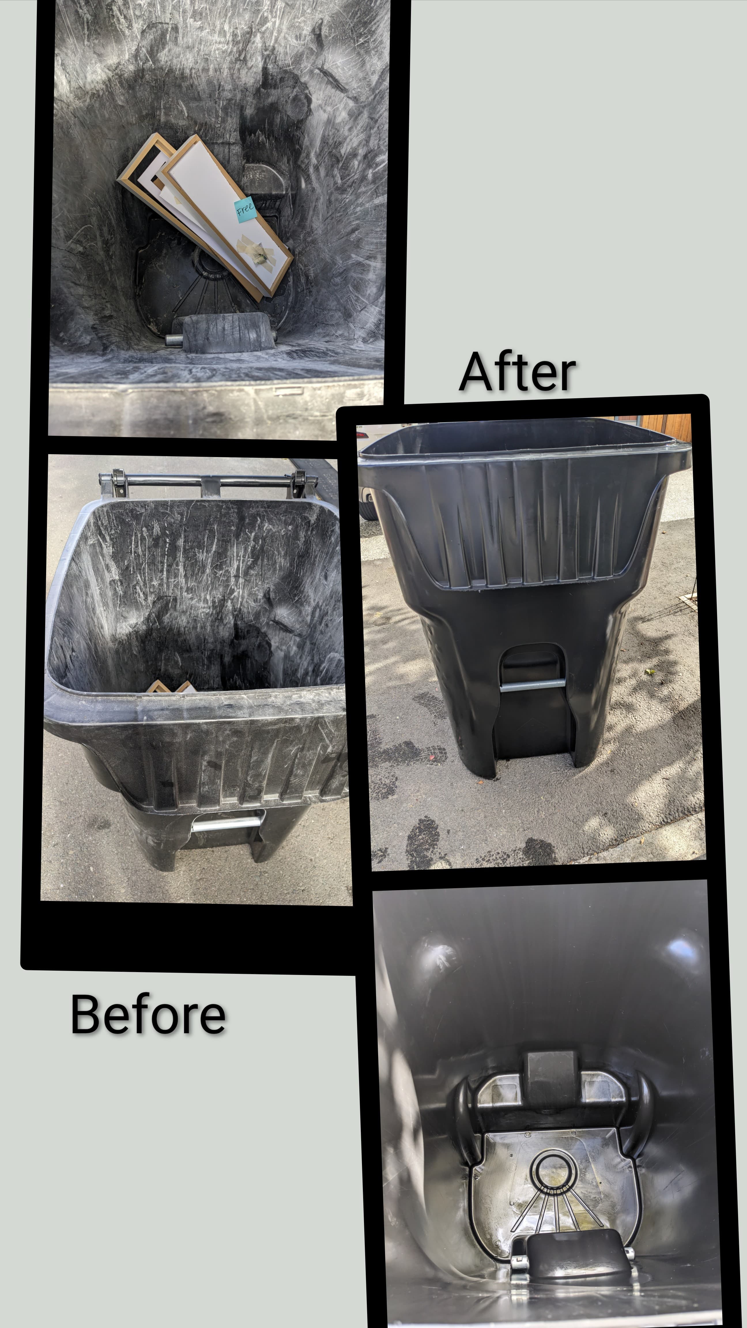 Collage showing a dirty black trash bin before and after being cleaned inside and out.